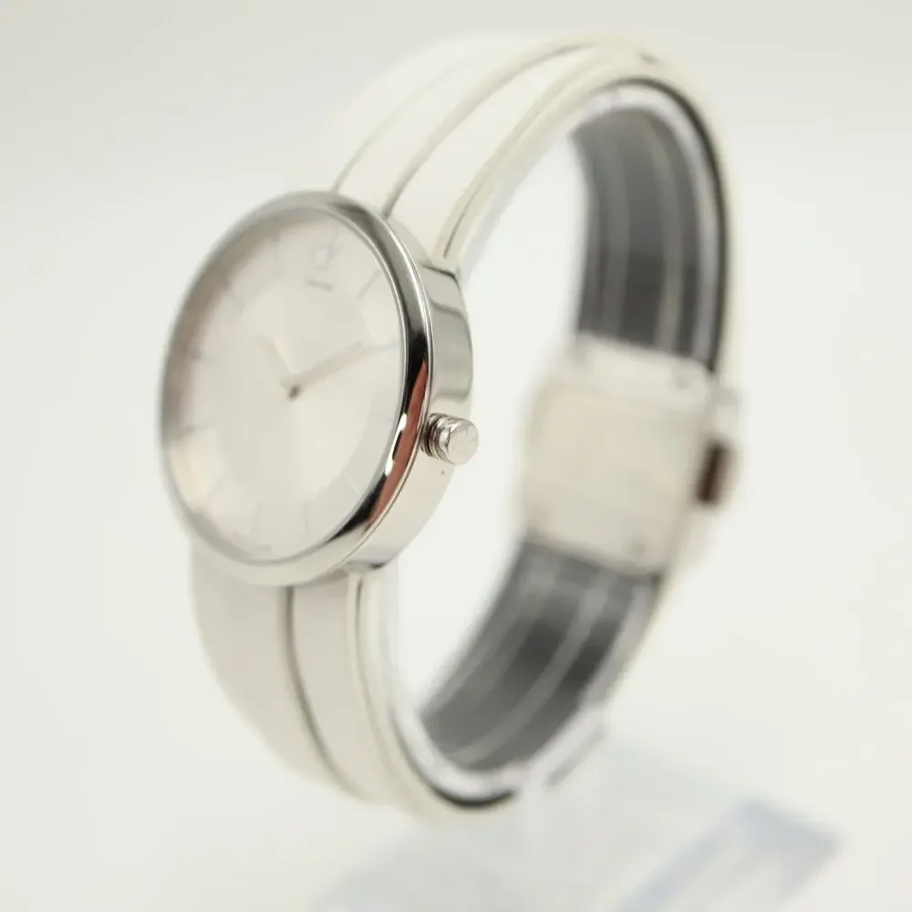Calvin Klein Swiss Made Silver Tone 32mm Women Watch White Leather w New Battery